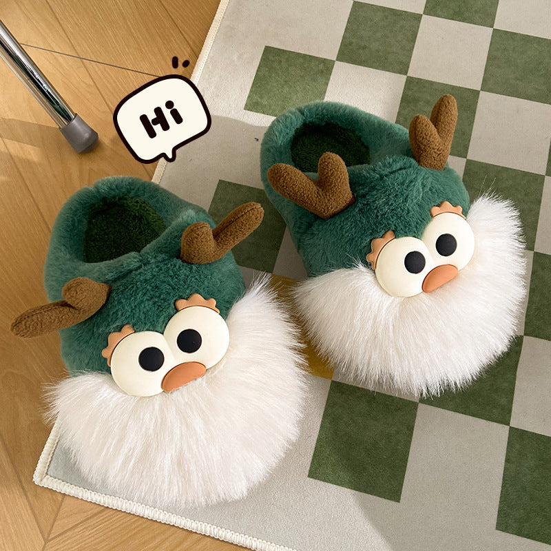 Cute Cartoon Christmas Deer Cotton Winter Slippers Half-covered Heel Plush Shoes