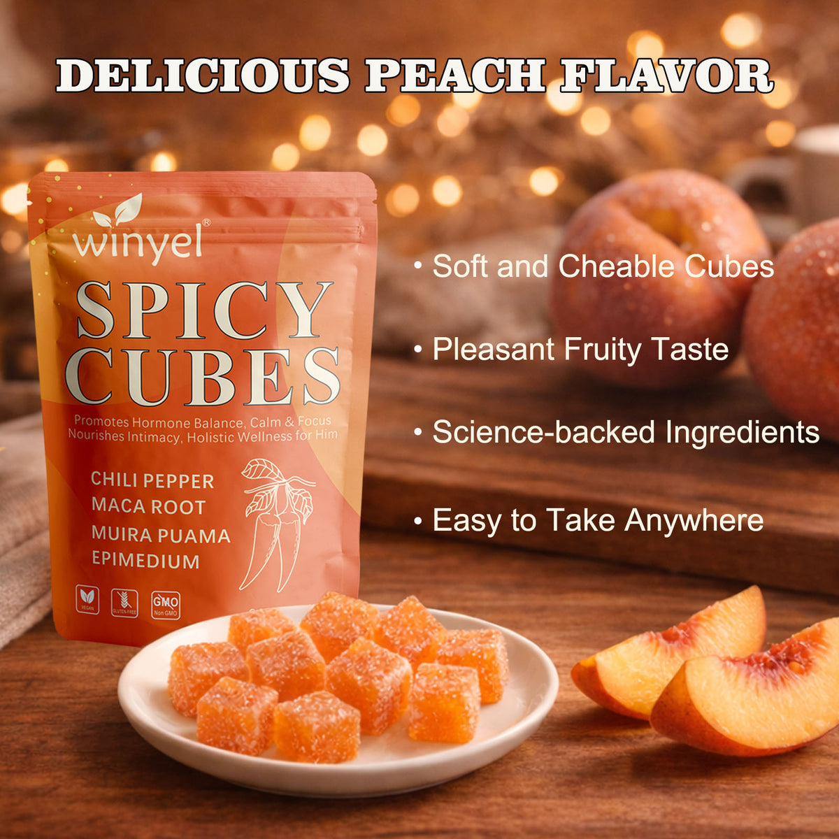 Peach-flavored spicy gummy cubes pouch with bowl of cubes and peach slices