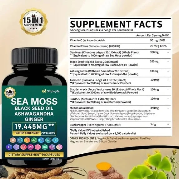 Sea moss supplement bottle with supplement facts panel and 19,445 mg label