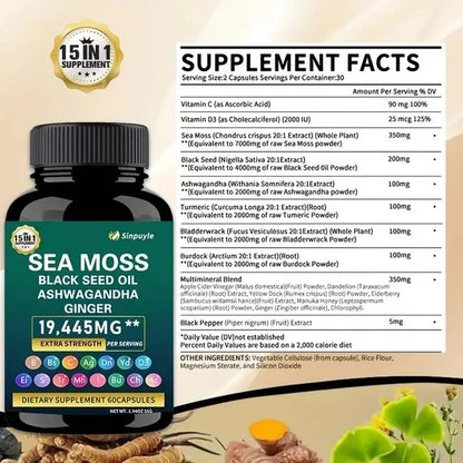 Sea moss supplement bottle with supplement facts panel and 19,445 mg label