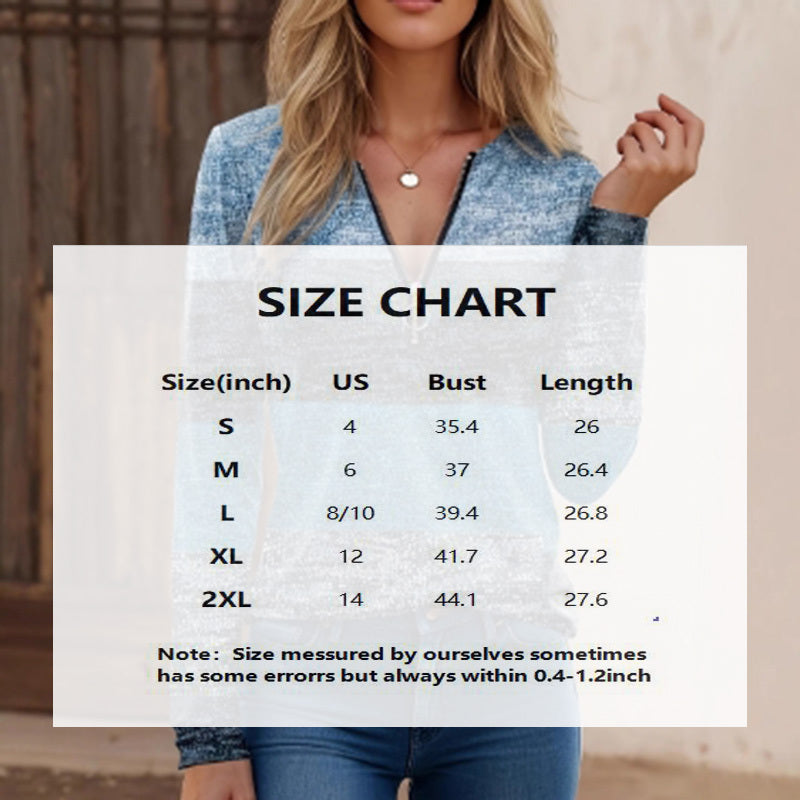 Women's Geometric Color Block V-Neck Zip Detail Long Sleeve T-Shirt all Casual Slim Fit Top