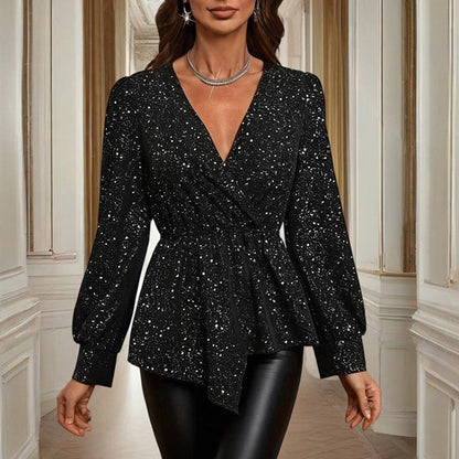 Women's Asymmetrical Hem Solid Color V-Neck Long Sleeve Blouse - Stylish Casual Flash Top For Spring&Fall