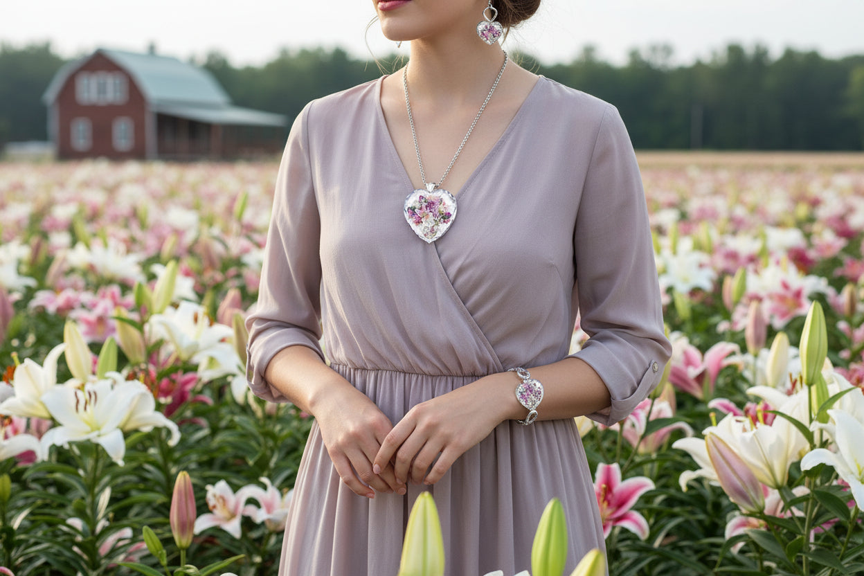 Heart crystal pendant necklace with coordinating heart bracelet and earrings set