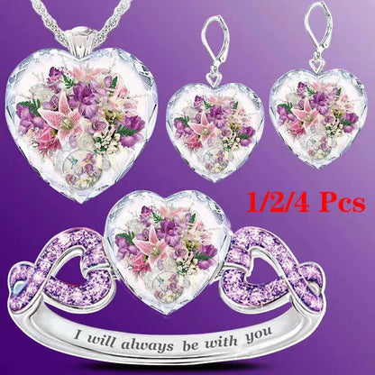 Silver heart pendant necklace set with purple floral heart pendants and heart earrings