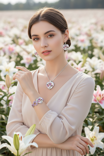 Heart crystal pendant necklace with drop earrings and heart charm bracelet set