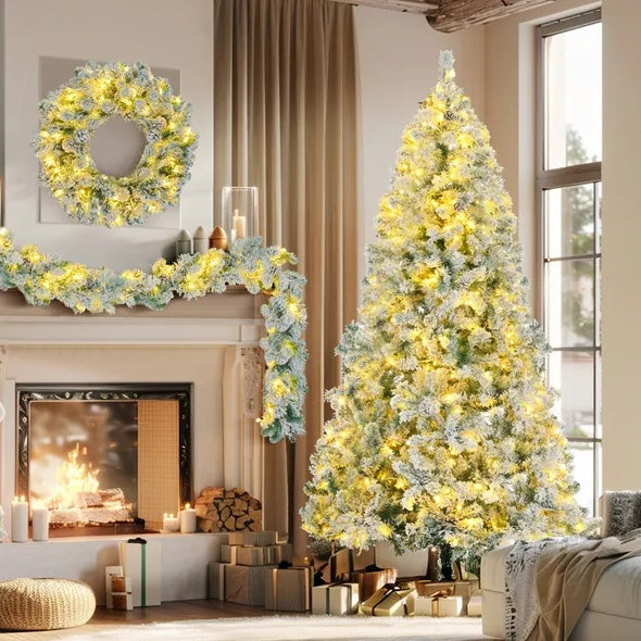6FT Snow Flocked Christmas Pre Lit Set With Tree Garland Wreath, Artificial Hinged With Colorful LED Lights8 Lighting Modes, Pine Cones