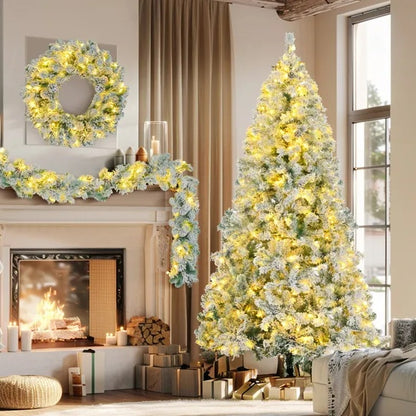 6FT Snow Flocked Christmas Pre Lit Set With Tree Garland Wreath, Artificial Hinged With Colorful LED Lights8 Lighting Modes, Pine Cones