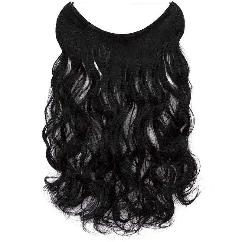 Wavy hair extension wig in black, curved top, long wavy curls