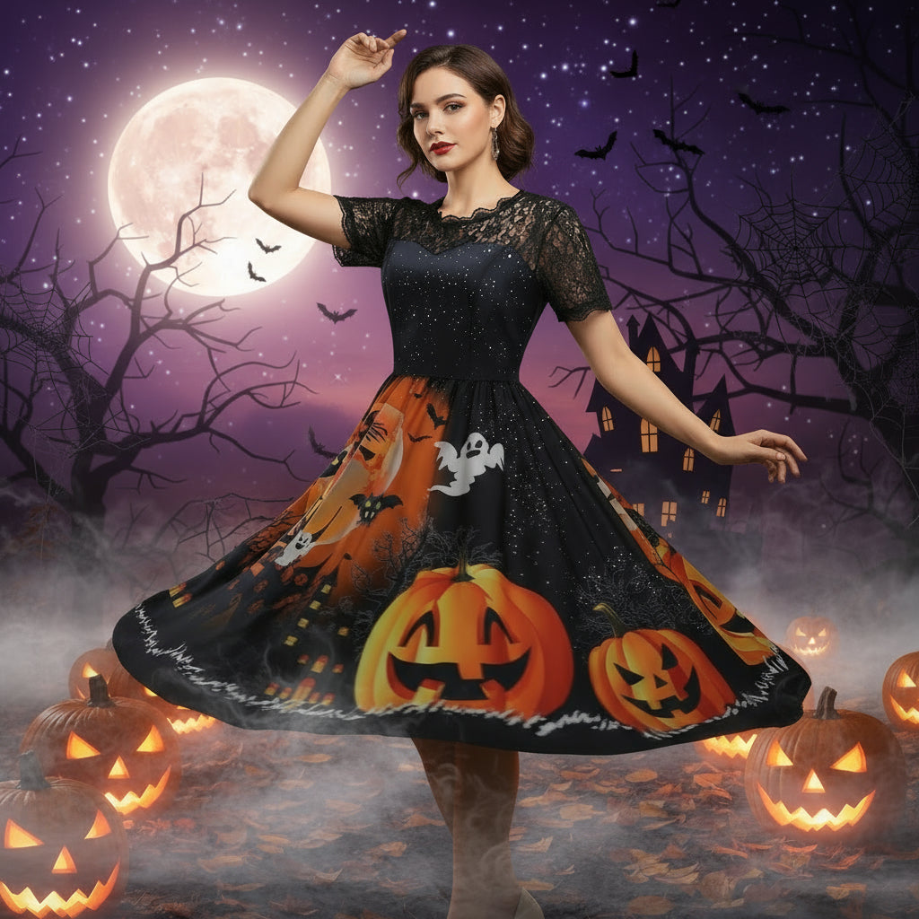 Halloween Party Lace Patchwork Positioning Print Short Sleeve Swing Dress