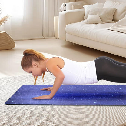 Blue printed TPE yoga mat with hands-on plank position, non-slip texture visible