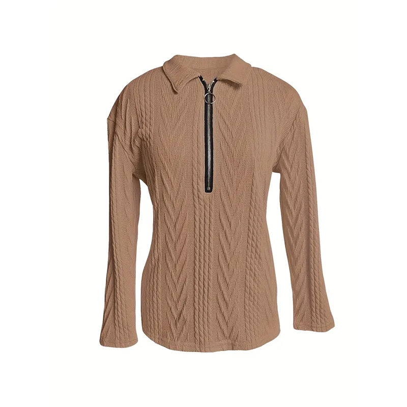 Women's Solid Color Textured Zip-Up Collared Long Sleeve Top - Casual Blouse With Stretchy Comfort Fit