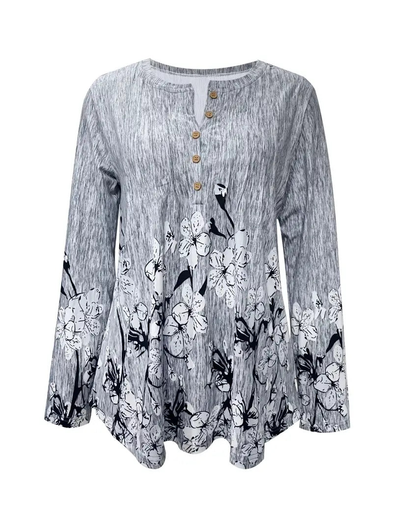 Casual Print Spike Button Crew Neck Long Sleeve T-shirt