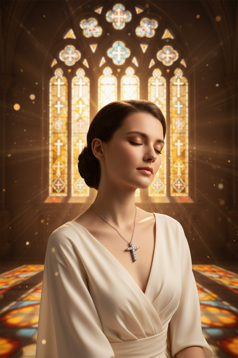 Silver cross pendant necklace on a chain on a cream blouse neckline
