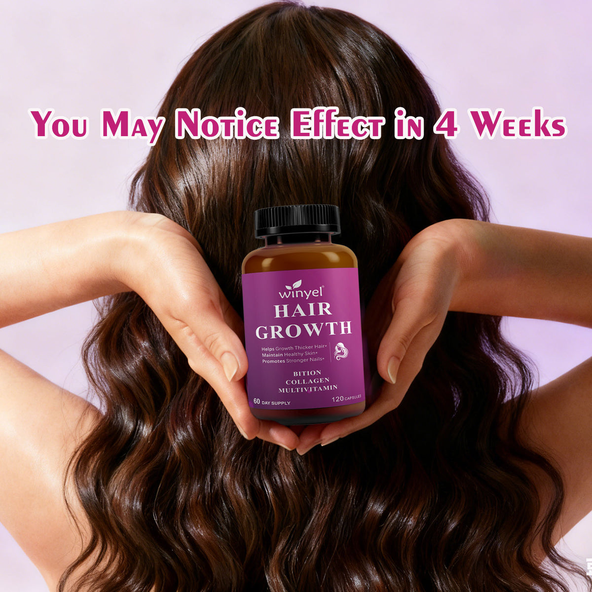 Hair growth supplement bottle held up, amber bottle with black cap and purple label