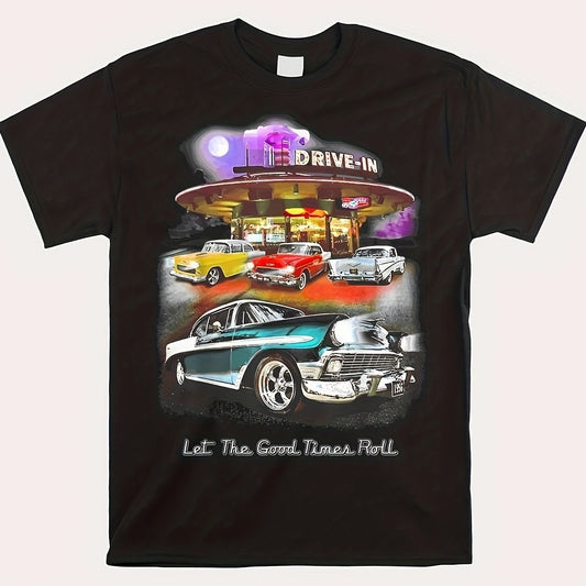 Retro Classic Car Printed Pattern Men's Sports Black Casual Short Sleeved T-shirt