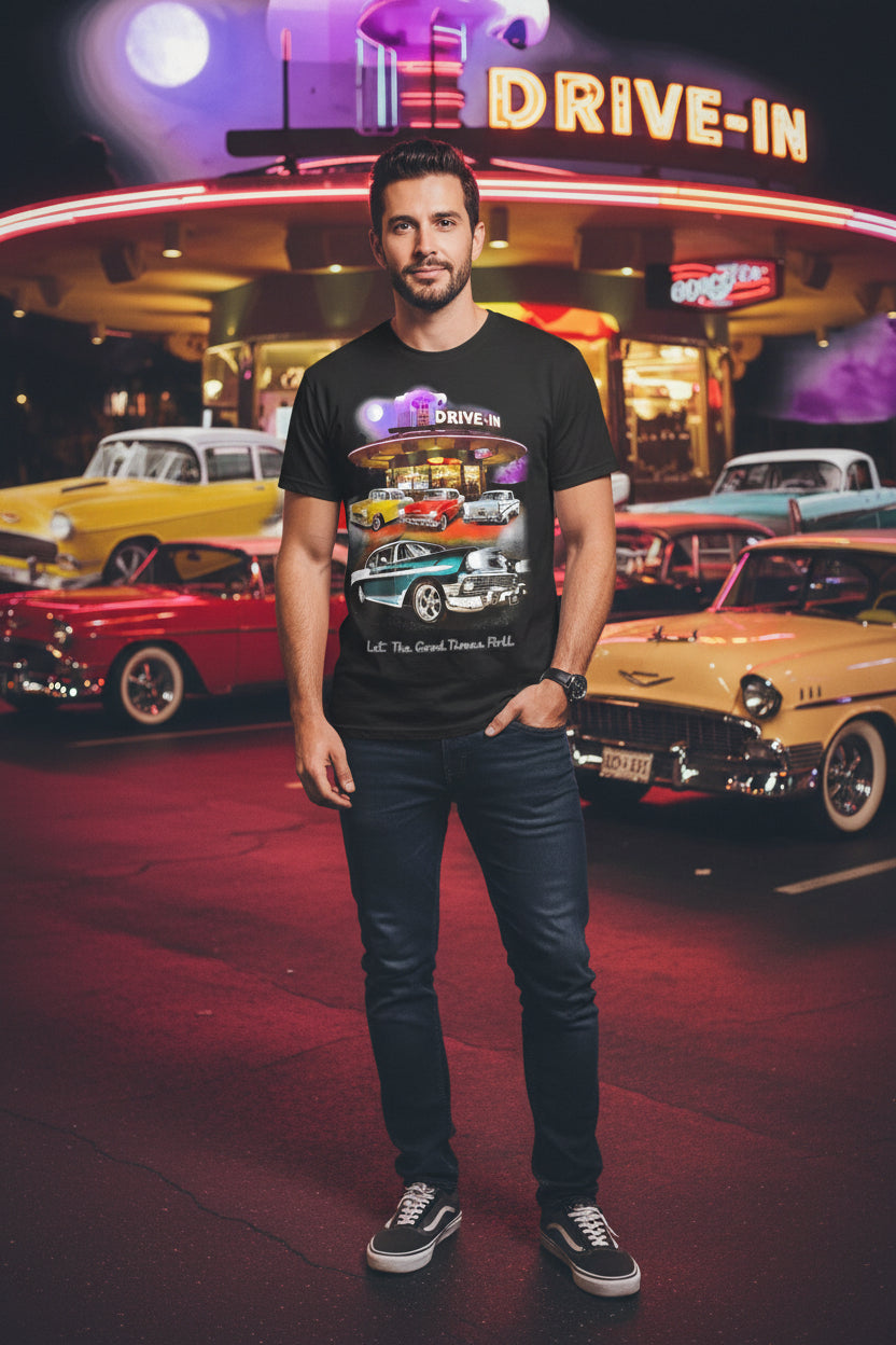 Men's black short-sleeve T-shirt with retro car graphic front print