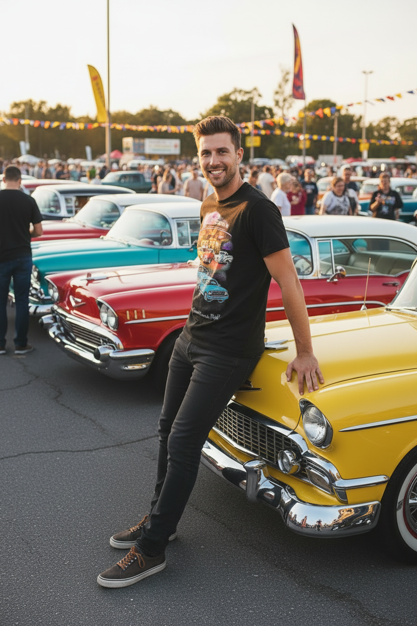 Black men’s T-shirt with colorful retro car graphic print on chest