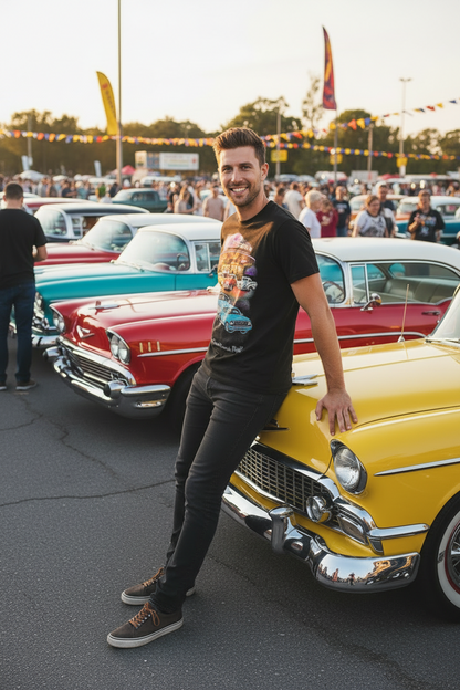 Black men’s T-shirt with colorful retro car graphic print on chest