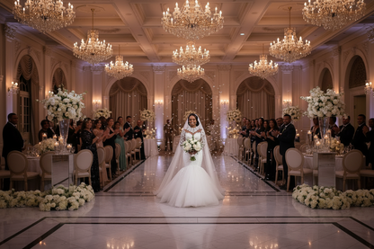 Long-sleeve mermaid white wedding dress with lace neckline and layered tulle skirt