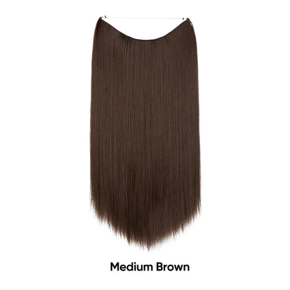 Straight medium-brown hair extension, one-piece adjustable invisible fishline.