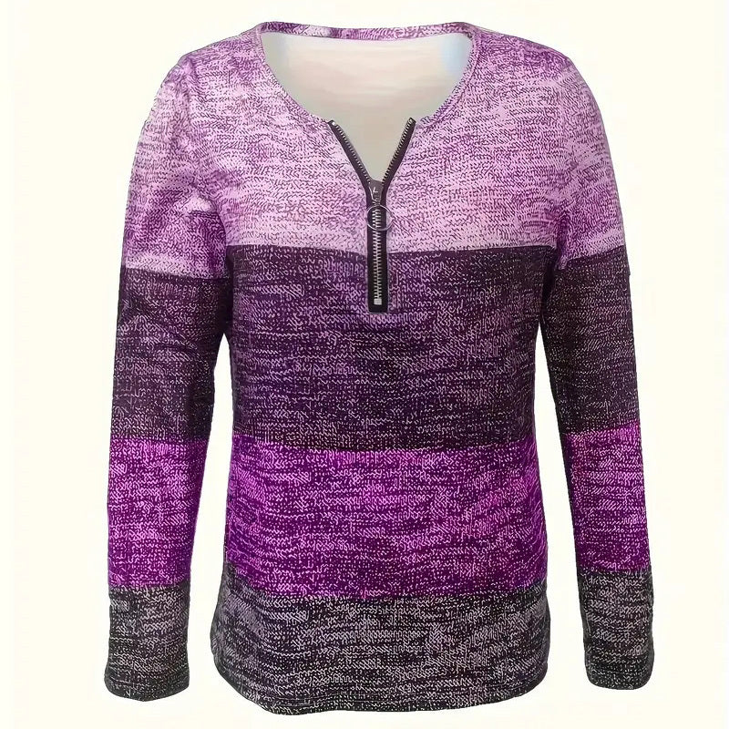 Women's Geometric Color Block V-Neck Zip Detail Long Sleeve T-Shirt all Casual Slim Fit Top