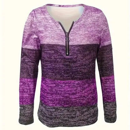 Women's Geometric Color Block V-Neck Zip Detail Long Sleeve T-Shirt all Casual Slim Fit Top