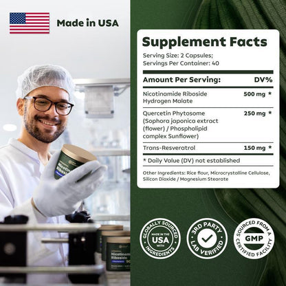 Supplement Facts label on Nicotinamide Riboside capsules package