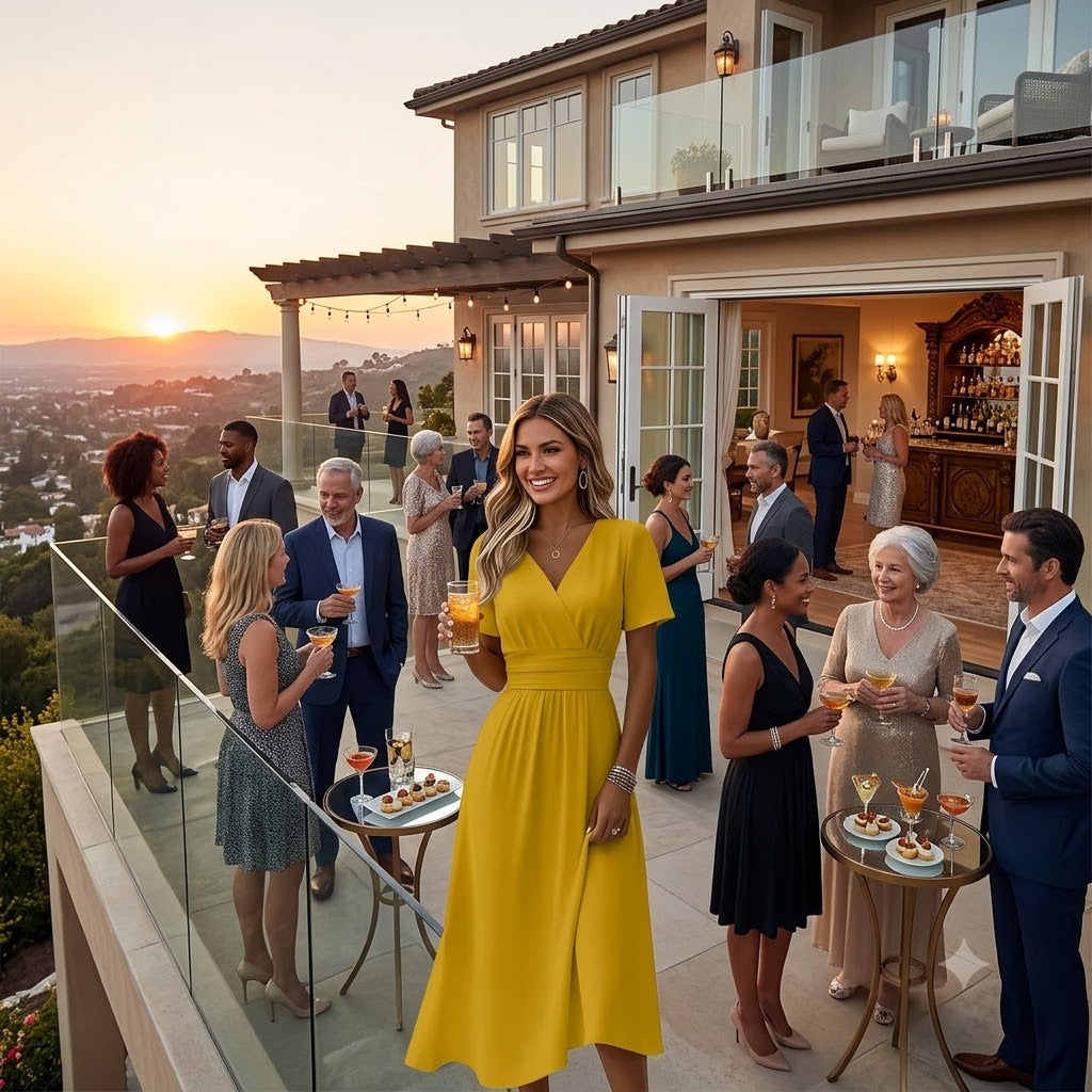 Women’s casual short-sleeve V-neck dress in bright yellow, fitted bodice and flared midi skirt.