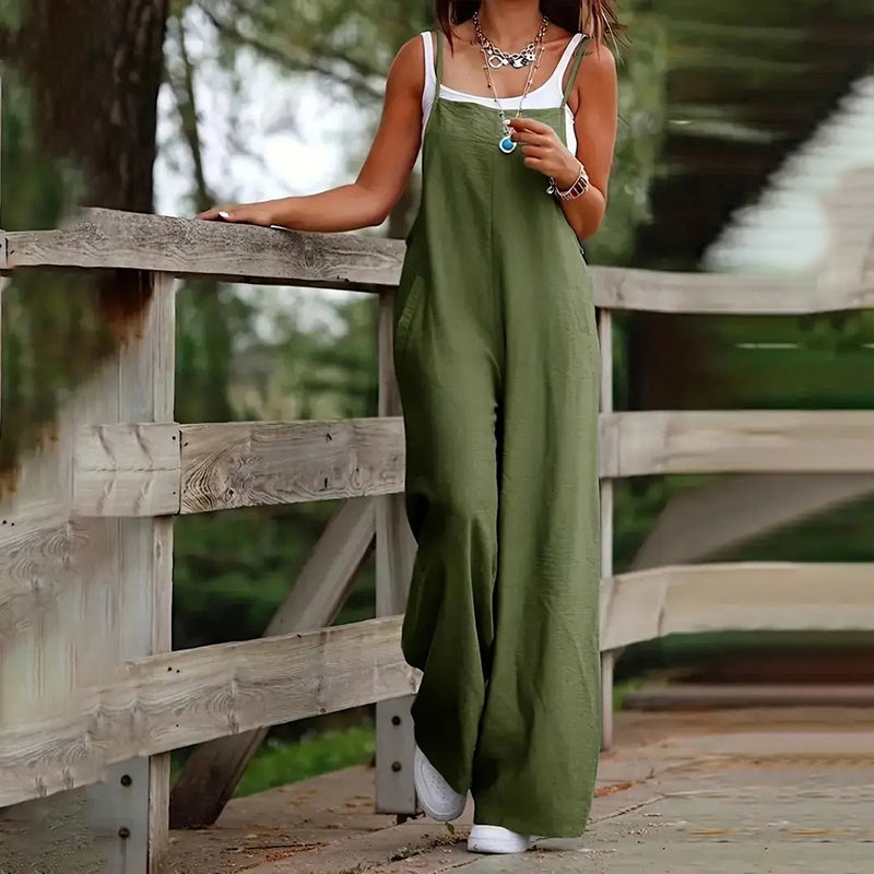 Plus Size Women's Solid Color Casual Jumpsuit - Sleeveless Romper With Pockets