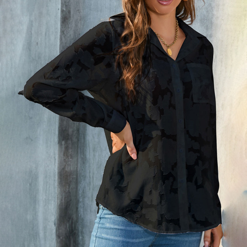 Women's Casual Sheer Button Down Shirts Long Sleeve V Neck Jacquard Blouses Tops
