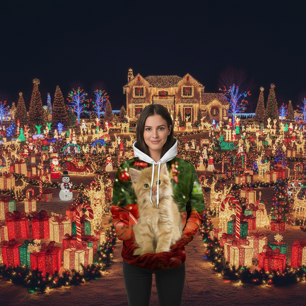 Christmas 3D Digital Print Casual Loose Fit Hooded Pullover Sweatshirt