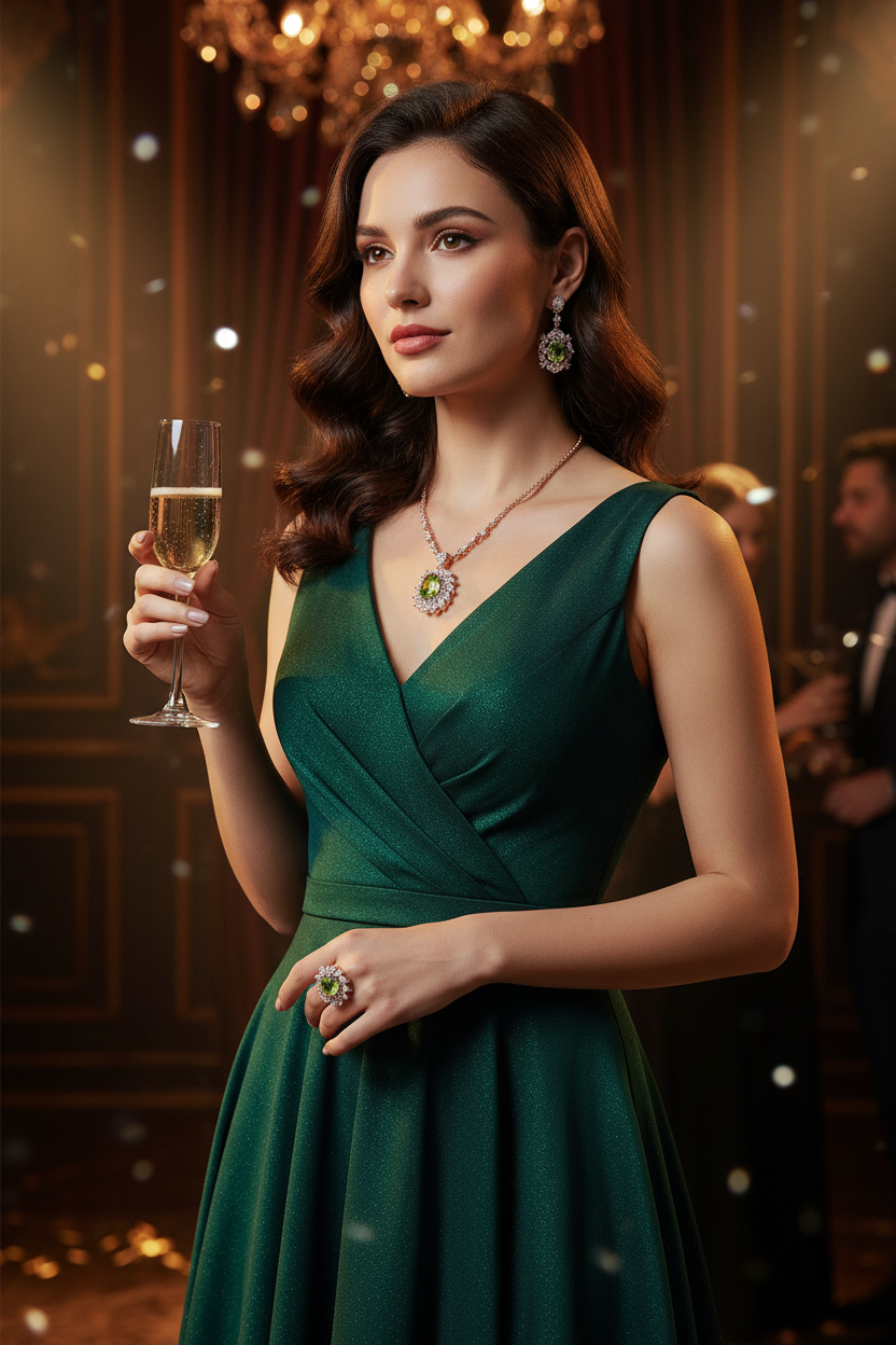 Peridot pendant necklace, drop earrings, and oval ring in silver-gilt halo, shown on hand