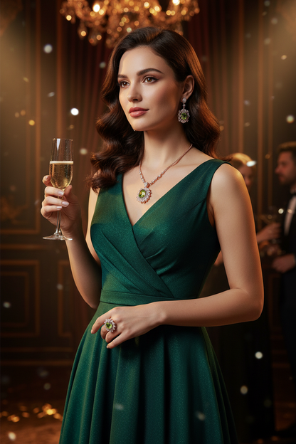 Peridot pendant necklace, drop earrings, and oval ring in silver-gilt halo, shown on hand