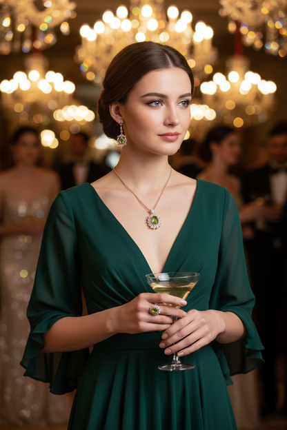 Gold peridot pendant necklace with drop earrings
