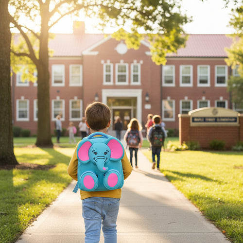 Blue and pink mini backpack with elephant face, rounded ears, front pocket.