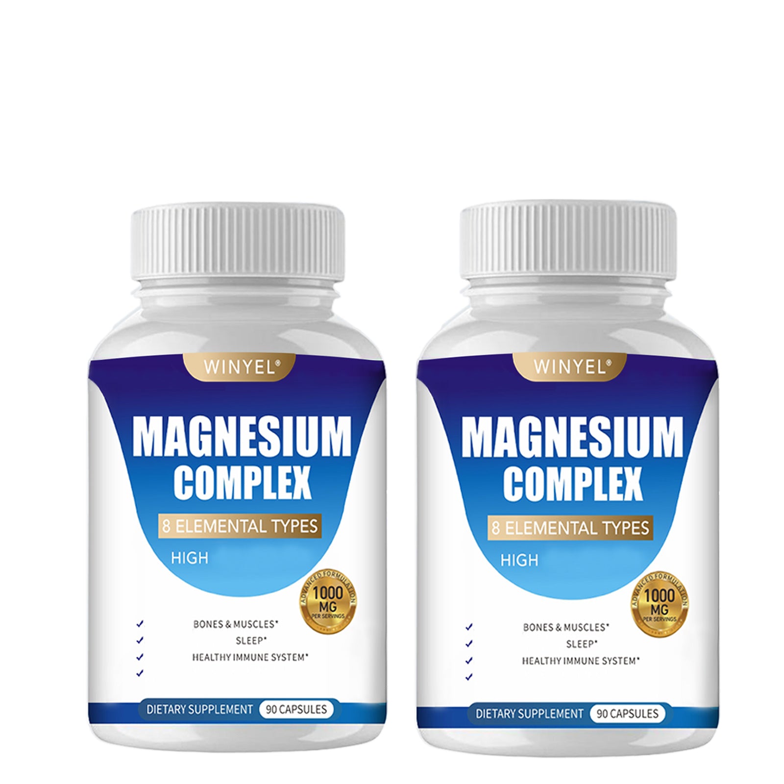 Magnesium complex dietary supplement bottle pair