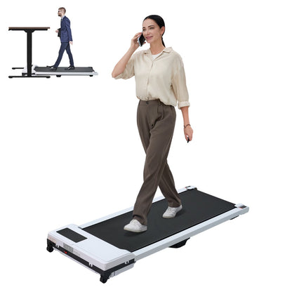 White folding walking treadmill with black running belt, person walking