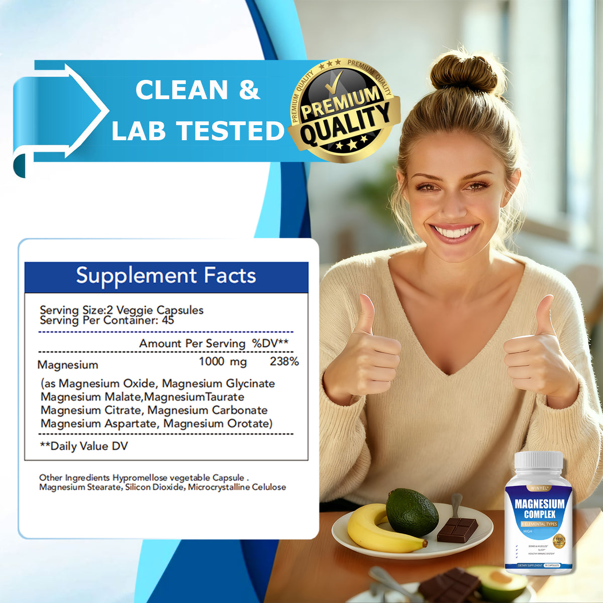Magnesium complex supplement facts panel with bottle