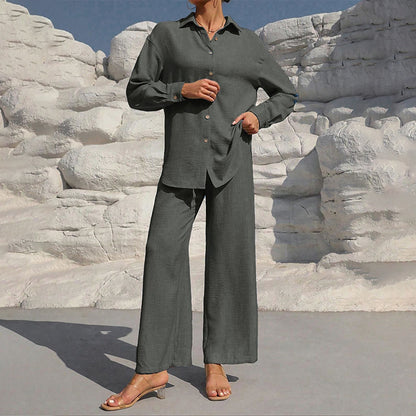 Women's Solid Color Lapel Long Sleeve Pants Set - Button-Up Casual Two-Piece Outfit With Drawstring Waist Lounge Wear