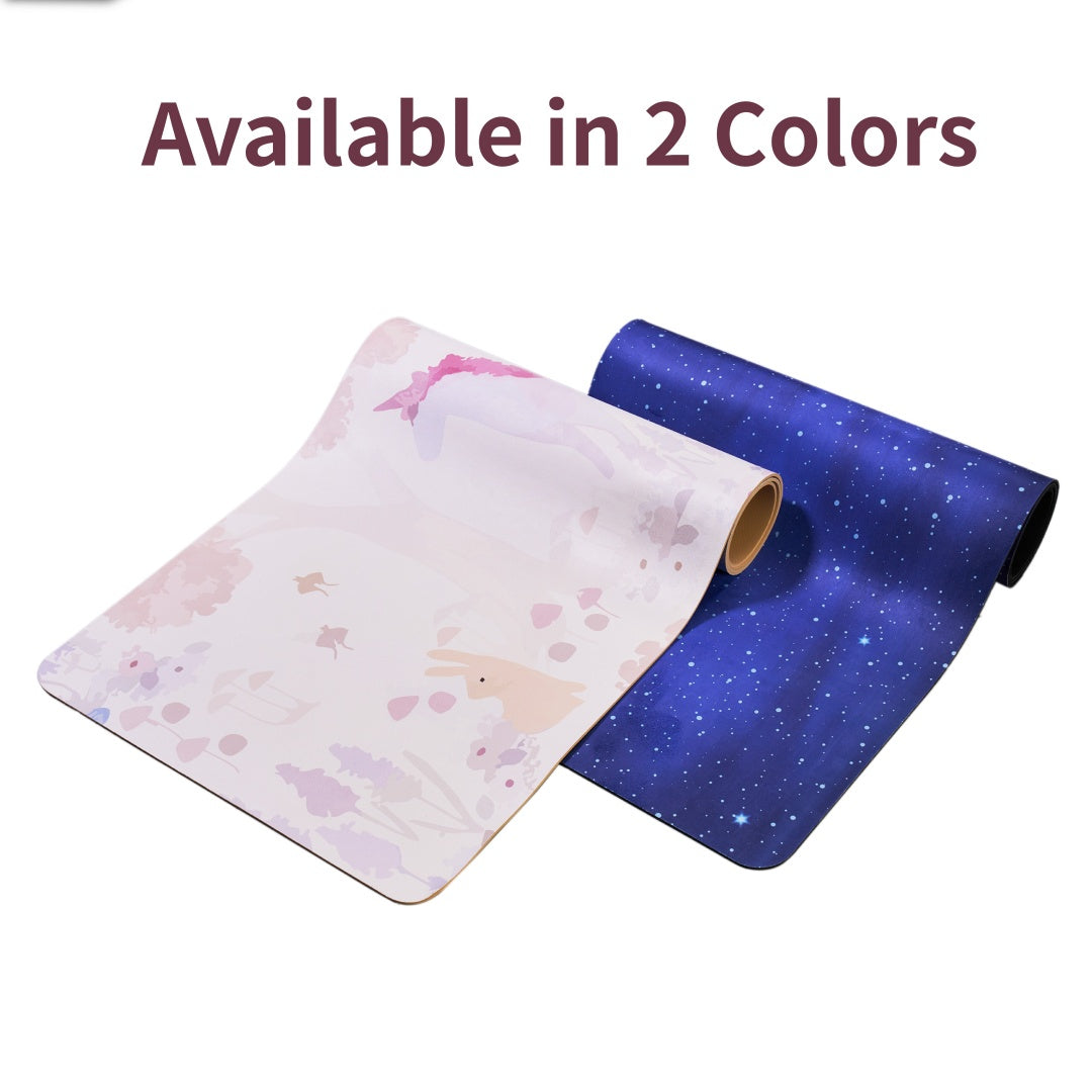 Yoga mats in pink floral and dark blue star prints, shown side-by-side