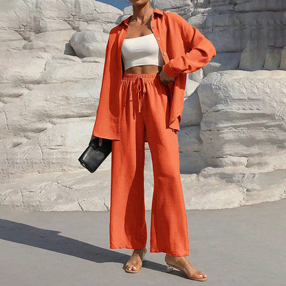Women's Solid Color Lapel Long Sleeve Pants Set - Button-Up Casual Two-Piece Outfit With Drawstring Waist Lounge Wear