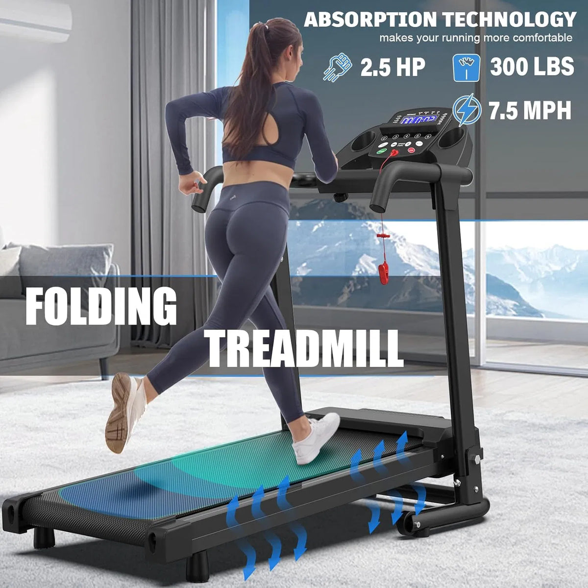 Folding treadmill with safety handles and control panel, black frame and running belt