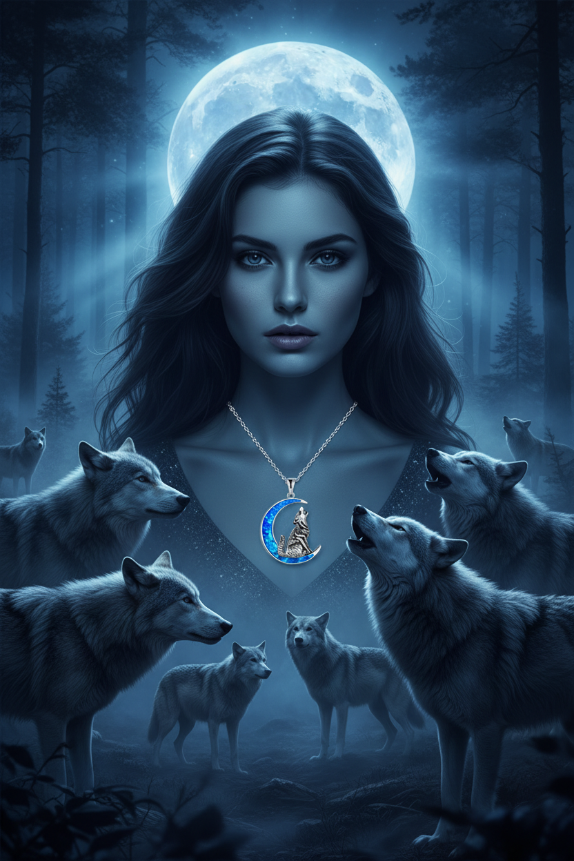 Silver moon pendant necklace with blue enamel ring and wolf figure charm