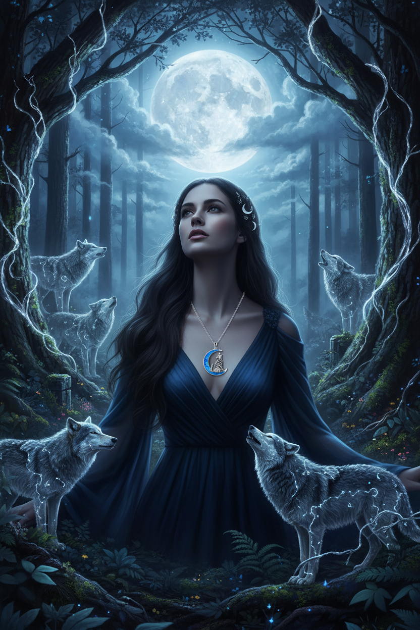 Moon charm necklace with silver chain and blue opal-like wolf pendant