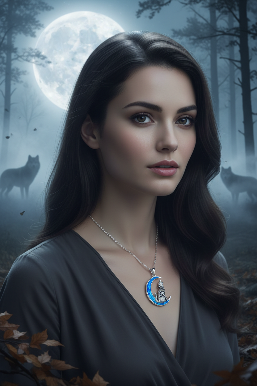 Moon pendant necklace with silver chain and blue opal-style wolf charm centerpiece
