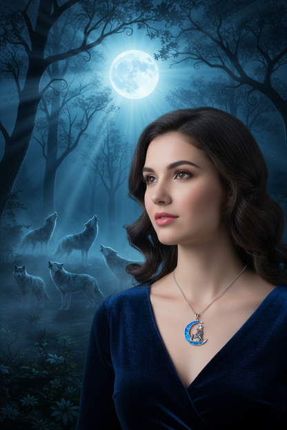 Silver chain moon pendant necklace with blue border and wolf silhouette charm