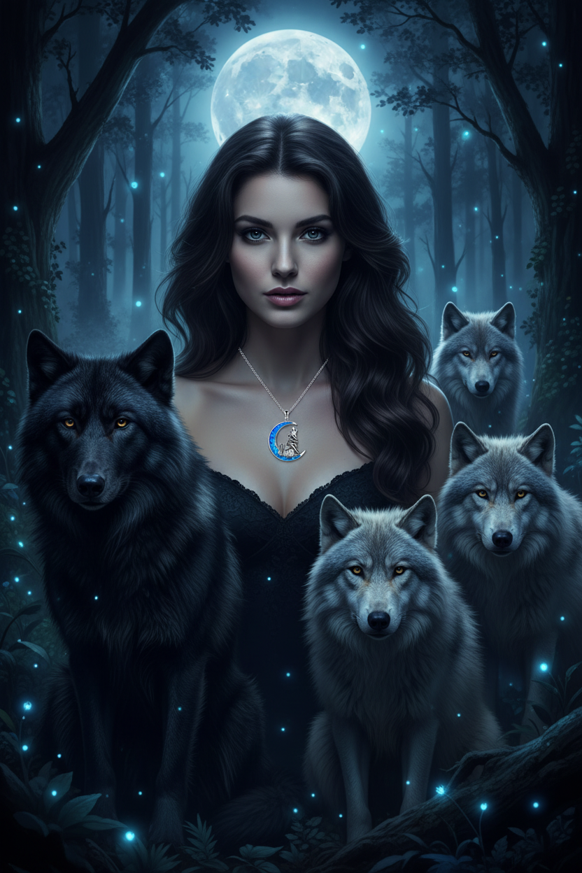 Moon pendant necklace in silver with blue center border and wolf silhouette charm