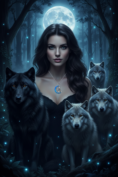 Moon pendant necklace in silver with blue center border and wolf silhouette charm