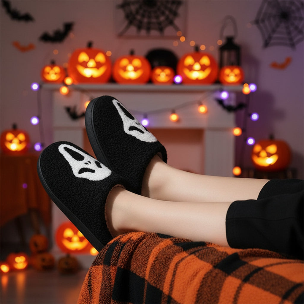 Halloween Skull Cartoon Print  Warm Winter, For Men Women Home Shoes Indoor Cotton Slippers