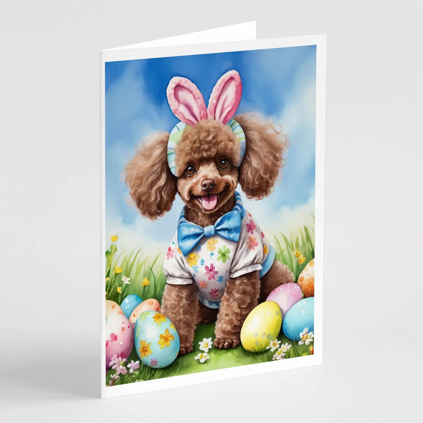Chocolate Poodle Easter Egg Hunt Greeting Cards Pack of 8